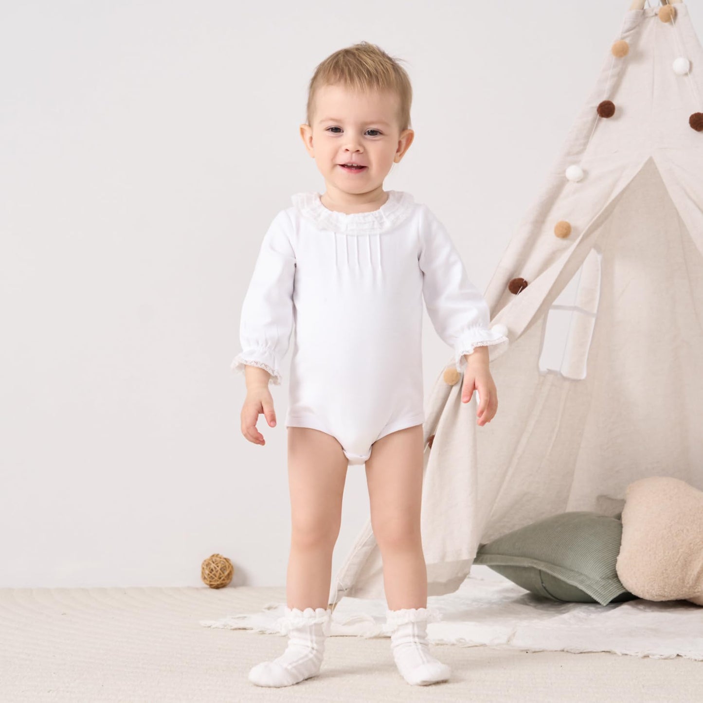 Pureborn Baby Girls Organic Cotton Bodysuit Infant Girl Ruffled Collar Long Sleeve White Spring Fall 12-18 Months