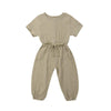 Mubineo Toddler Baby Girl Summer Fall Basic Plain Short Sleeve Cotton Linen Drawstring Romper Jumpsuit (Khaki, 6-12 Months)