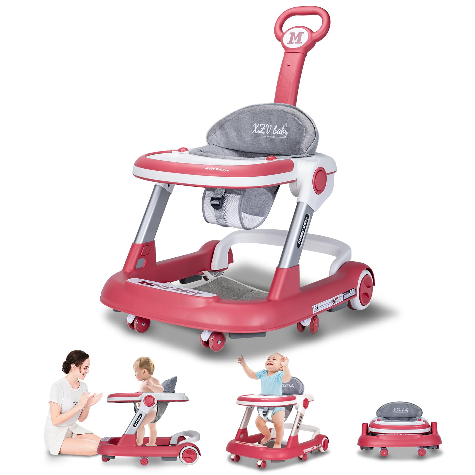 Baby Walker With Wheels 5 In 1 Foldable Activity Center With Mute Wheels Adjustable Heights Anti-Fall Push Walkers For Boys Girl