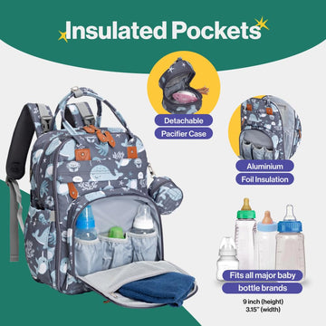 Babbleroo Baby Diaper Bag - Laptop Backpack, Sea Animals, Unisex, 12'X8'X16.5', 26L
