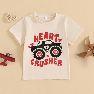 Kids Toddler Baby Boys Girls Valentine'S Day T-Shirt Heart Crusher Monster Truck Short Sleeve Shirt Top(Beige Monster Truck,4-5T