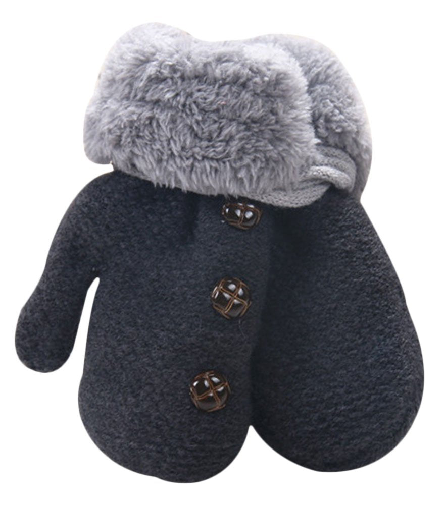 X&F Unisex Baby Cute Buttons Fur Thick Gloves Kids Warm Mittens With String Dark Grey