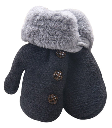 X&F Unisex Baby Cute Buttons Fur Thick Gloves Kids Warm Mittens With String Dark Grey