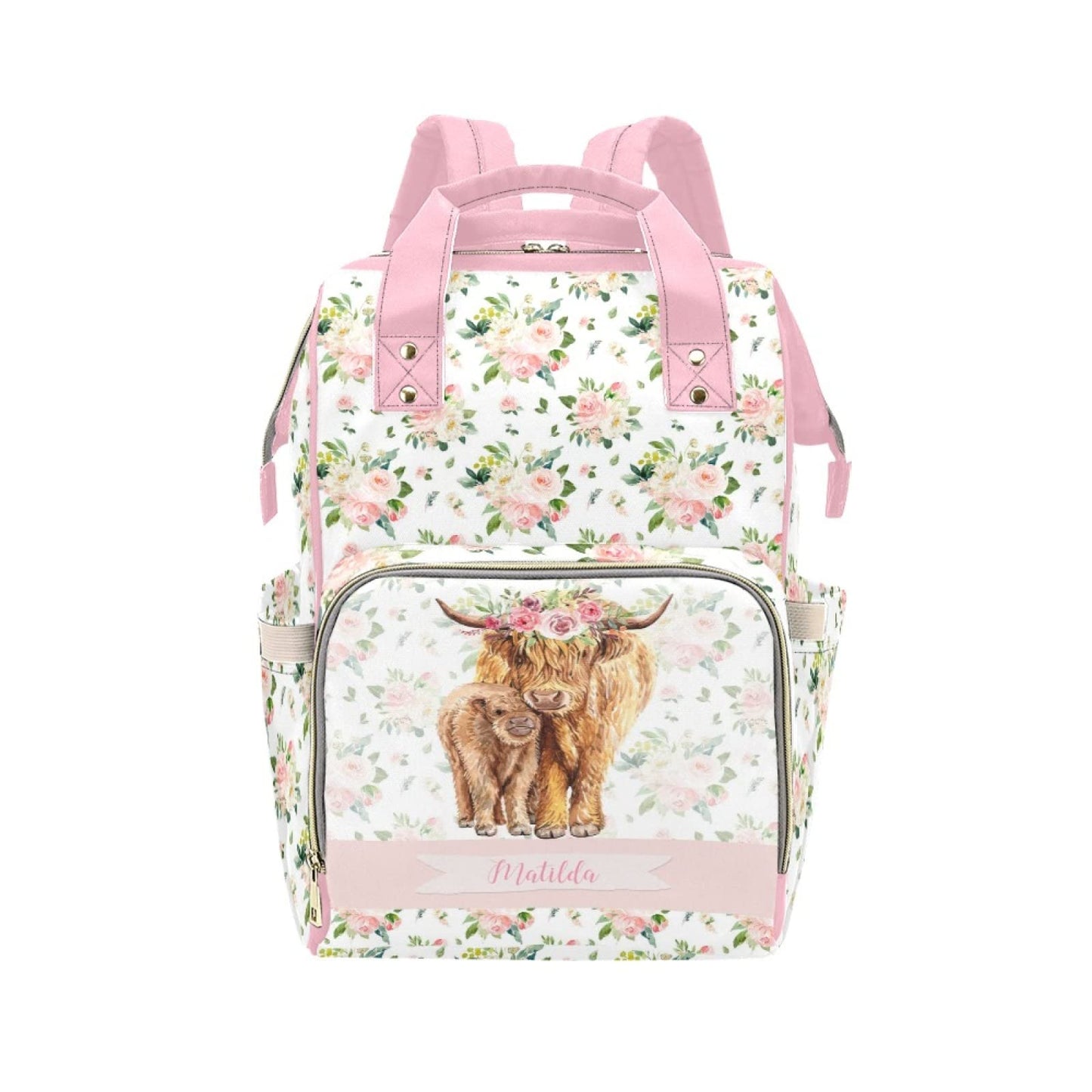 Personalized Cute Cow Diaper Bag for Women, Custom Name Nursing Mommy Daypack, Diaper Bag for Baby Boy Girl, New Mom Gifts