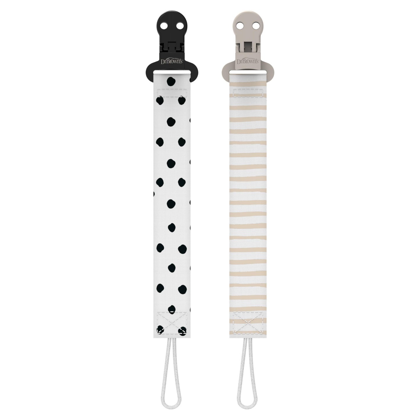 Dr. Browns Pacifier Clips, Universal Fit Fabric Strap for Pacifiers, Dots and Stripes, BPA-Free, 0-18 Months, 2-Pack