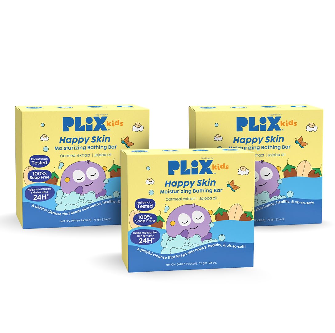 Plix The Plant Fix Kids Happy Skin Moisturizing Bathing Bar Pack Of 3 | SoapFree Cleanser With Oatmeal & Jojoba | 24Hour Hyd