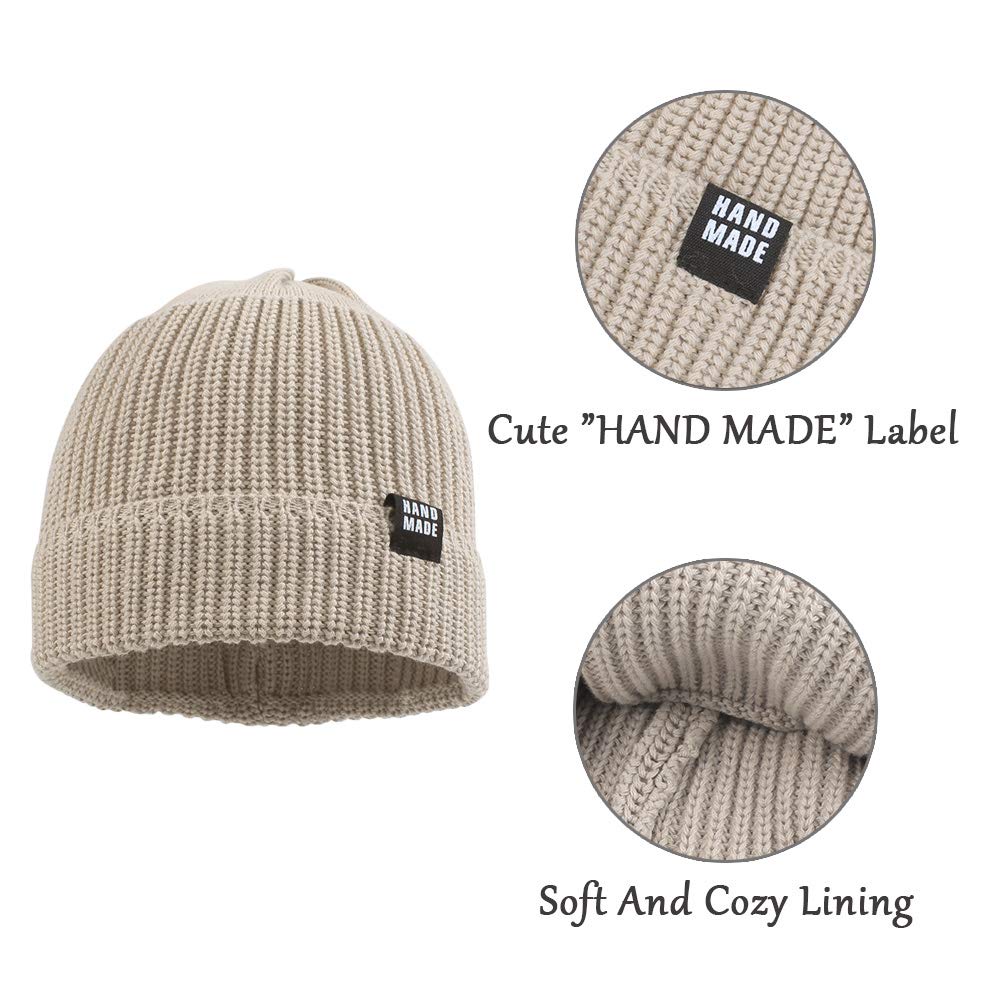 Simple Knitted Baby Beanie Hip-Hop Boys Winter Hat Toddler Kids Bonnet For Girls 0-5Y (White+Beige,L)