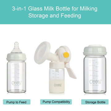 Comi Wide Neck Glass Breastmilk Collection N Storage Bottle, 4 Packs, 6Oz With Screw Ring Sealing Disk; Re-Markable Sealing Disc