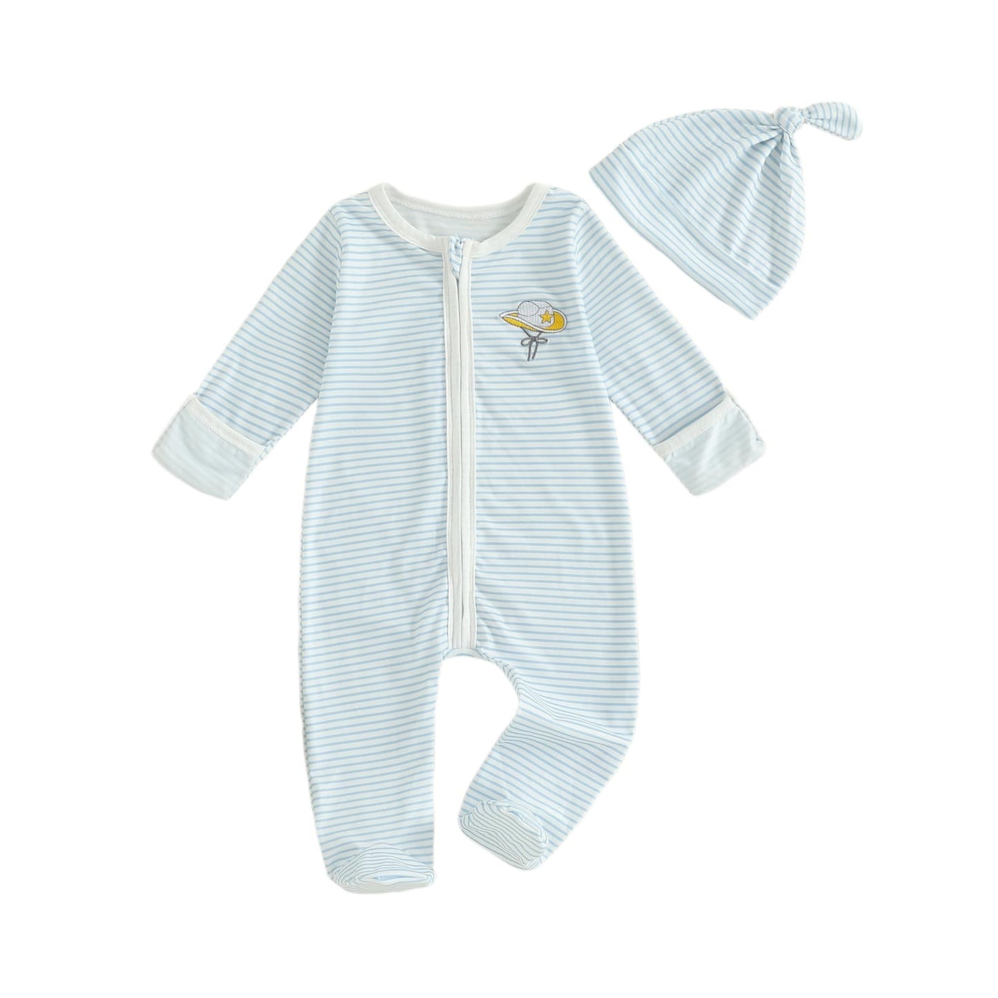 XRTBMN Infant Boy Western Footie Rompers Newborn Baby Coming Home Outfit Fall Clothes Long Sleeve Striped Jumpsuit with Hat (Blu
