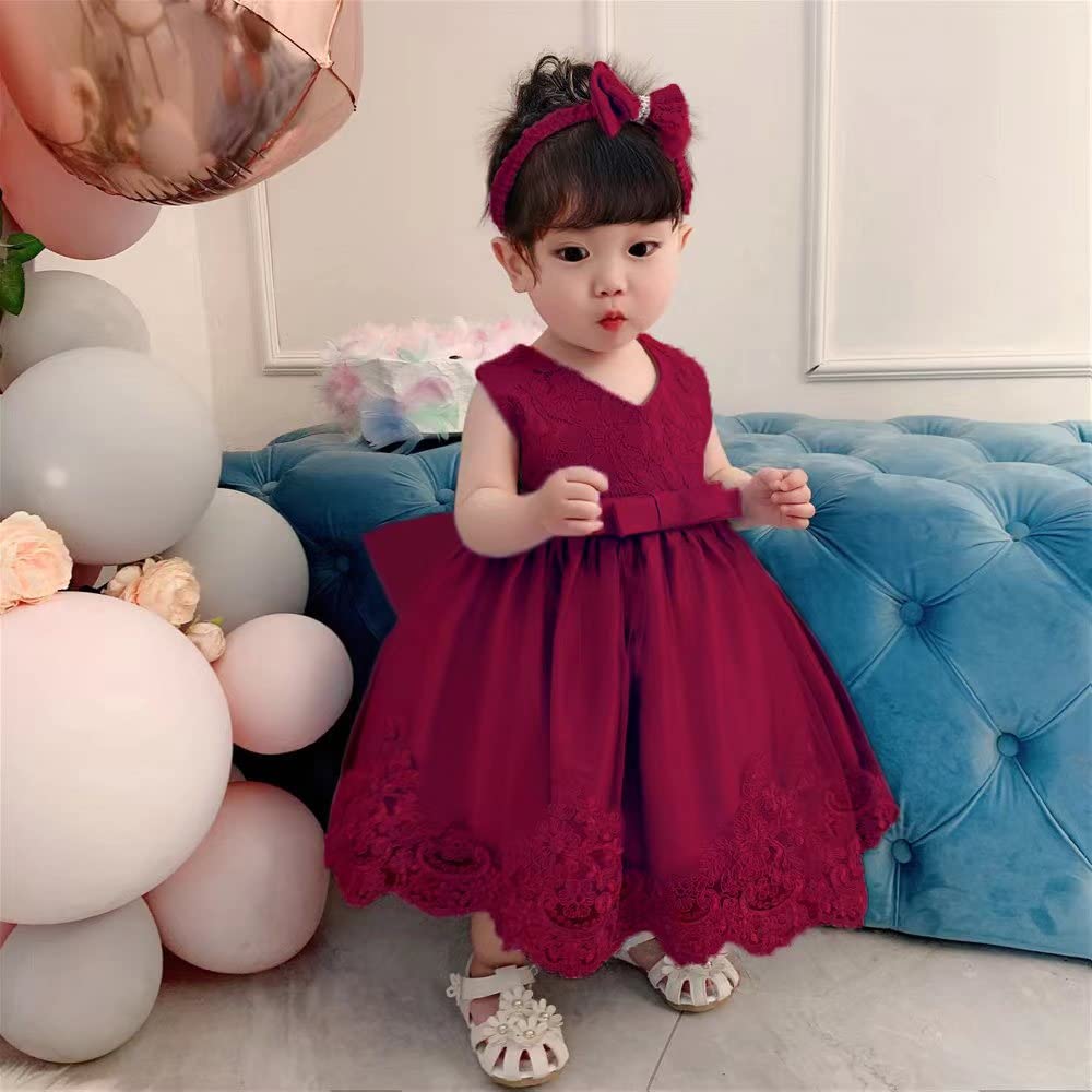 Baby Girls Christmas Frocks Pageant Lace Dresses Infant Easter Halloween Wedding Formal Event Dress (Burgundy,24M)