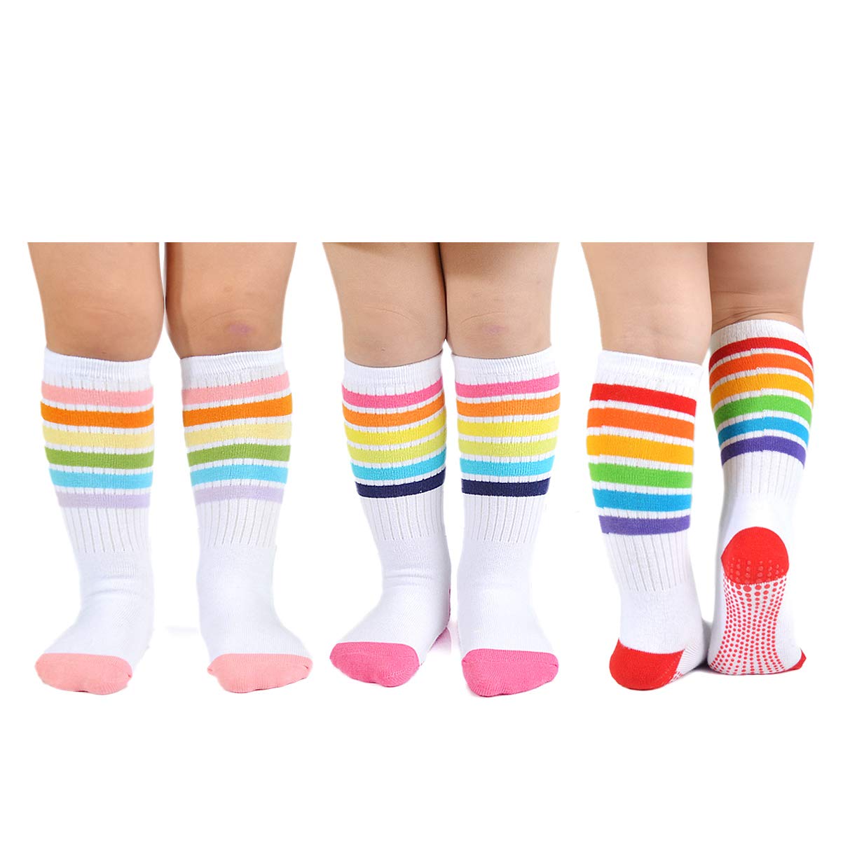 Epeius Baby Girl Rainbow Striped Knee High Socks Soccer Socks Cotton Non-Skid Uniform Tube Stockings Infant Grip Socks For 3-12
