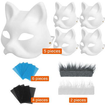 5Pcs Cat Therian Mask Kit With Fur And Eye Mesh, Blank Diy Therian Gear Stuff Masks Base To Paint, Animal Half Paper Fox Cat Fac