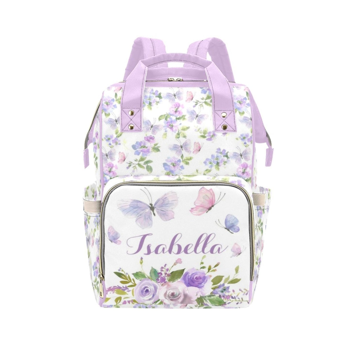 Noverbibi Personalized Diaper Bag Customized Floral Purple Butterfly Waterproof Nursing Bags Custom Mommy Daypack with Name for