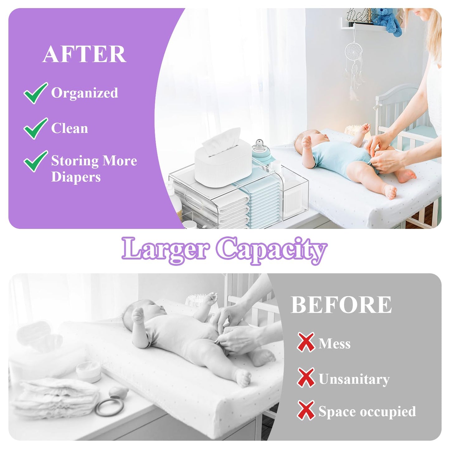 Acrylic Diaper Caddy, Clear & Detachable Diaper Stacker Holder Storage, Baby Changing Table Organizer For Baby Diapers, Wipes &