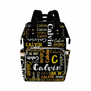 Personalized Diaper Backpack, Custom Black Yellow Text Diaper Bag Baby Nappy Bag Fashion Shoulder Bag Casual Daypack Bag For Mom
