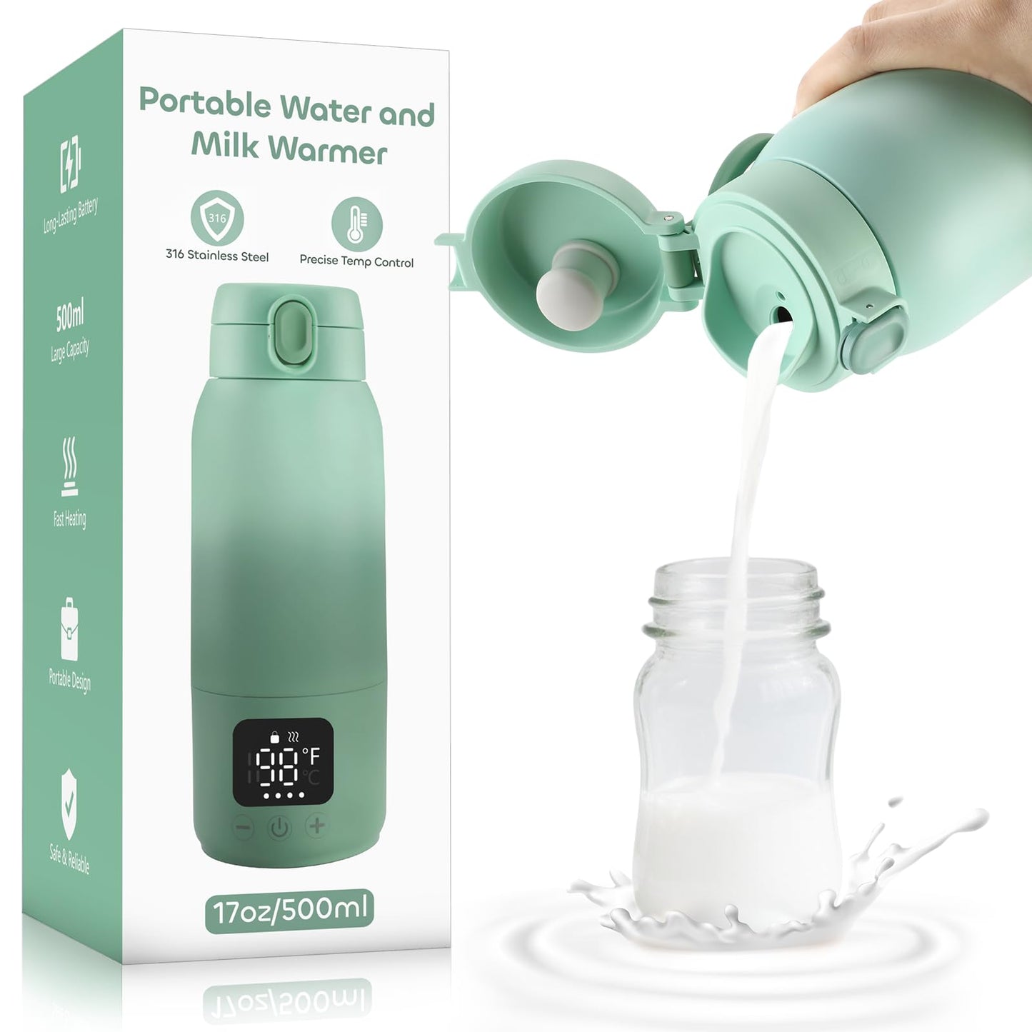 Qupite Portable Bottle Warmer for Travel,17oz Portable Milk Warmer for Baby Fast Heating,30W Fast Charge Precise Temperature Con