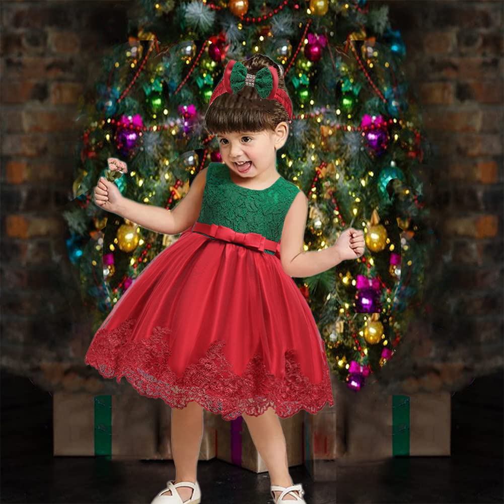 Nssmwttc Baby Girl Ball Gown Dress Infant Birthday Party Christmas New Year Dresses Toddler Christmas (Green Red,6M)