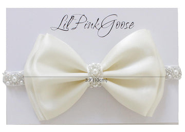 0-12 Newborn Baby Baptism Pearl Headband With Bow In White Christening Headband With Satin Bow, Pearl Rhinestone Band (Cream(0-3