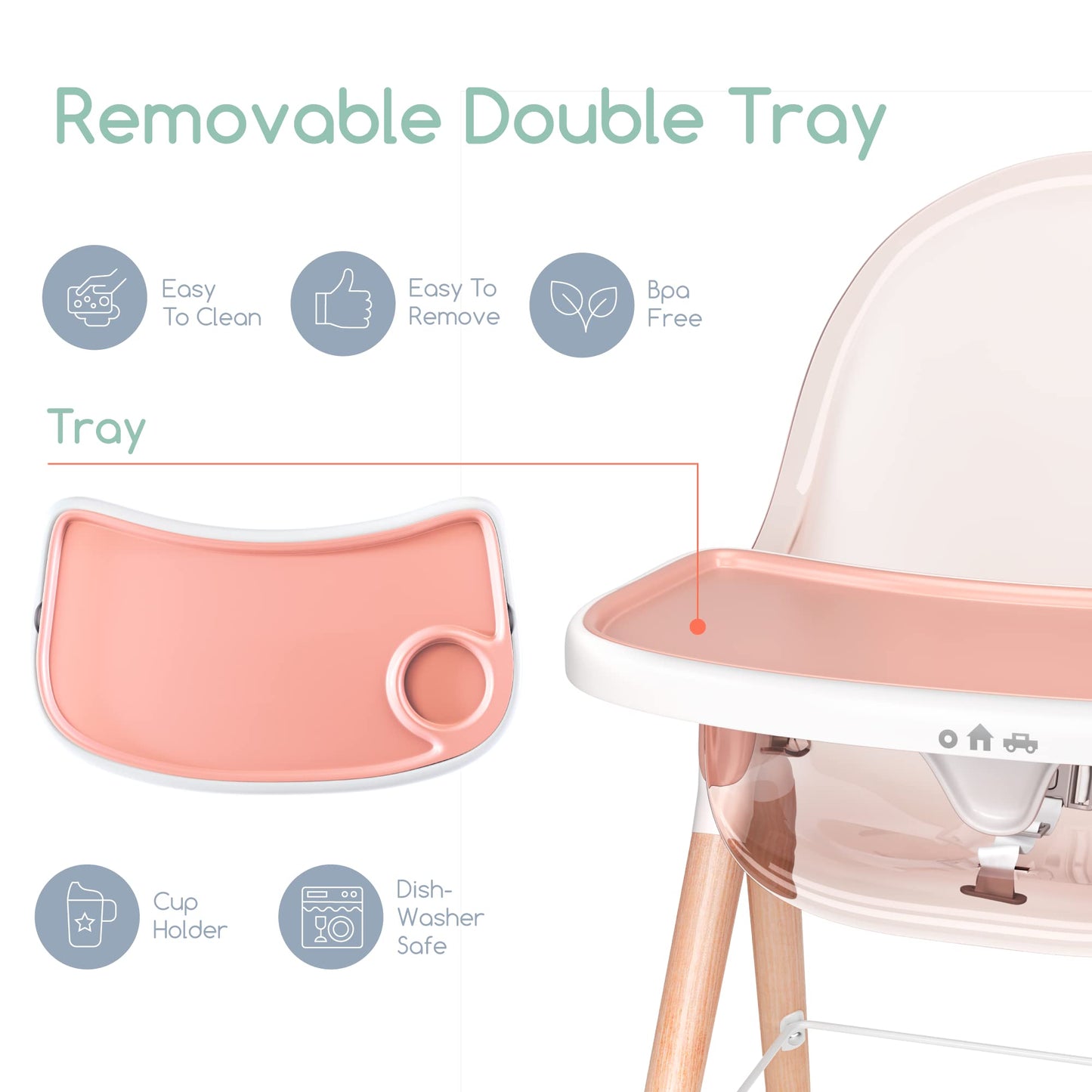 Children Of Design Classic Non-Reclinable 6 In 1 Wooden High Chair - Pink