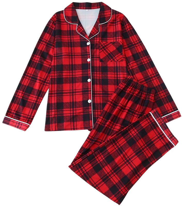 PABROS Girls Cotton Lycra Pajama Set, ButtonDown Long Sleeve Top with Pants, Checkered Pattern, Summer Loungewear Sleepwear