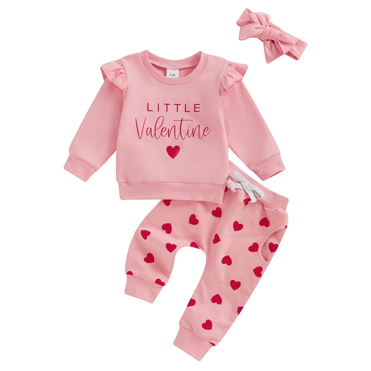 Toddler Girl Valentines Outfit Little Valentine Ruffle Sweatshirt Cute Heart Print Long Pants with Headband Set (Pink, 0-6 Month