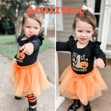 Aalizzwell 0-3 Months Baby Girls Halloween Outfit Infant 1St Halloween My Tulle Skirt Ghost Pumpkin Clothes With Leg Warmers Clo