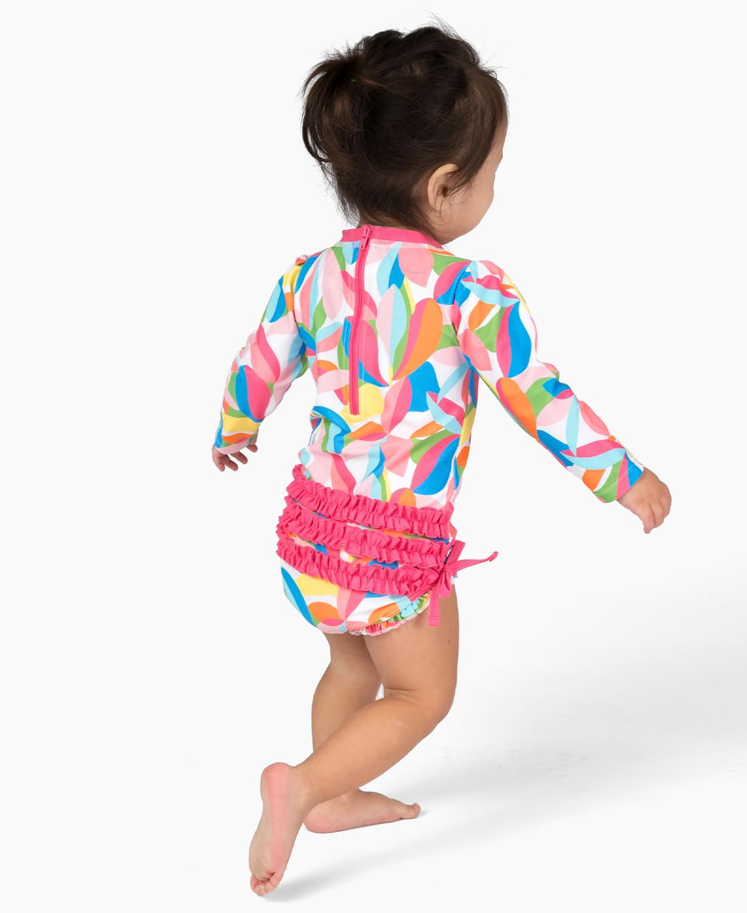 Rufflebutts Baby Girls Upf 50+ Sun Protection Novelty Print Long Sleeve One Piece Rash Guard Swimsuit With Zipper - Tropical Adv