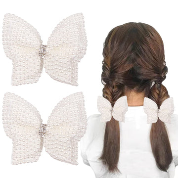 Double Layer Pearl Hair Bows For Girls, White Butterfly Flower Alligator Hair Bow Clip Wedding Rhinestone Hair Accessories For B