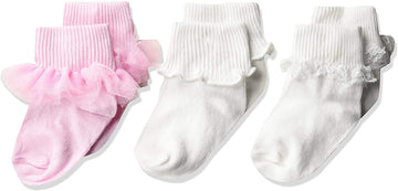 Jefferies Socks Girls' Ruffle/Ripple Edge/Lace Baby Socks 3 Pack, Pink/White, 12-24 Months