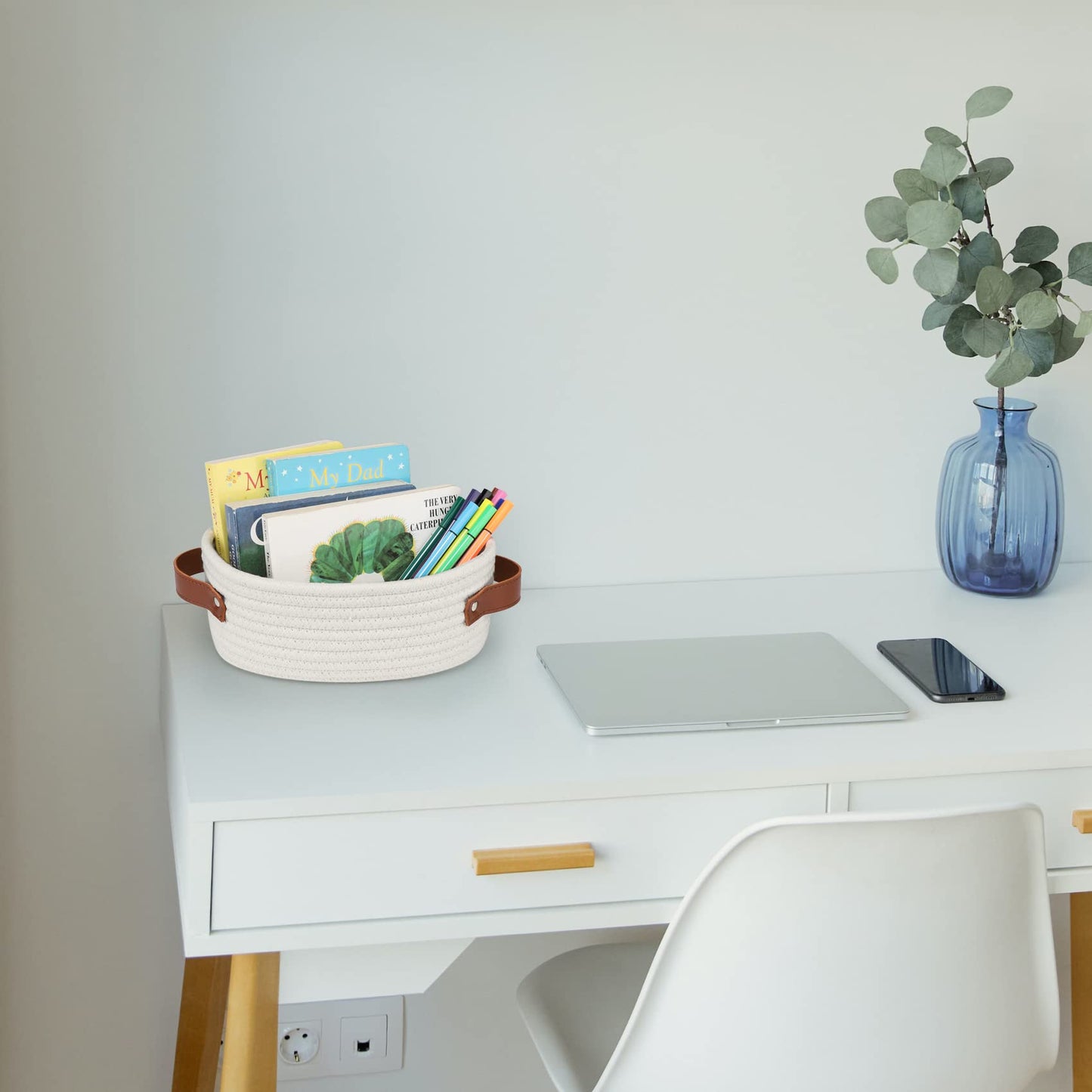 Abenkle Small Woven Basket, Mini Cotton Rope Storage Basket, Tiny White Easter Basket, Shelf Basket, Oval Decorative Toy Dog Cat