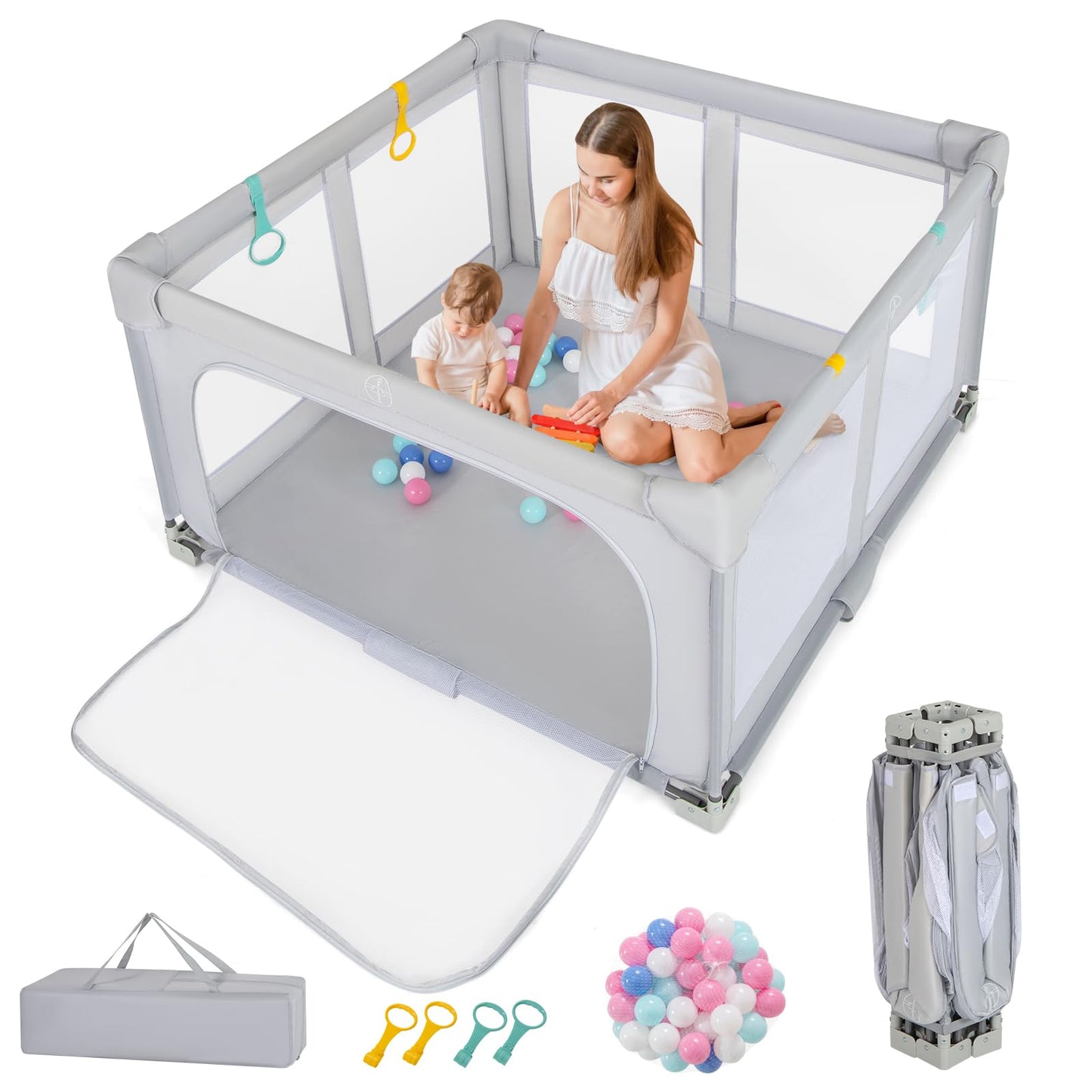 HONEY JOY Foldable Baby Playpen, Portable Large Baby Fence w/ 50 Ocean Balls, Indoor & Outdoor Folding Baby Activity Center, Saf