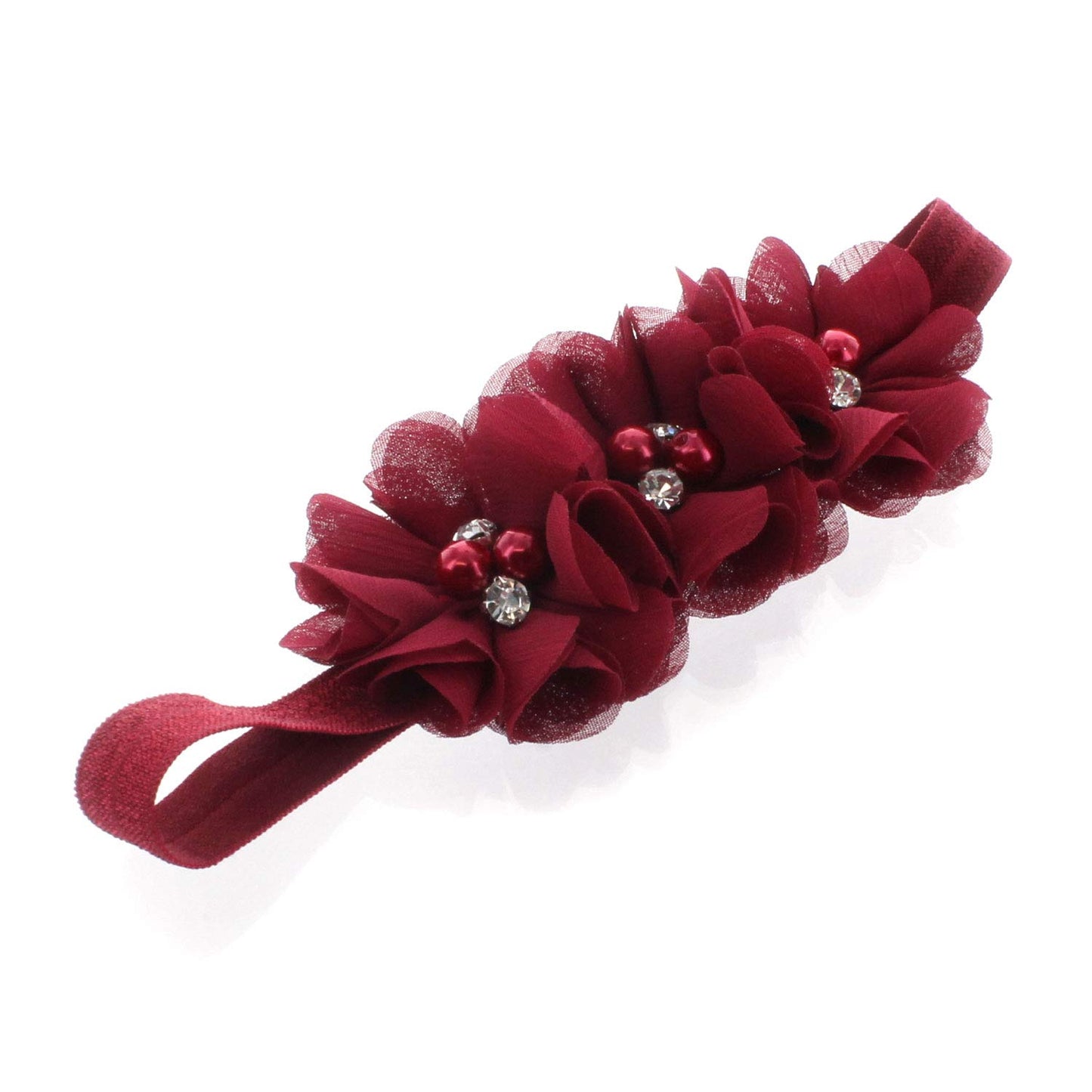 My Lello Girls Flower Headbands Toddler Fabric Beaded Trio Stretchy Elastic Pair (Dusty Rose/Maroon)