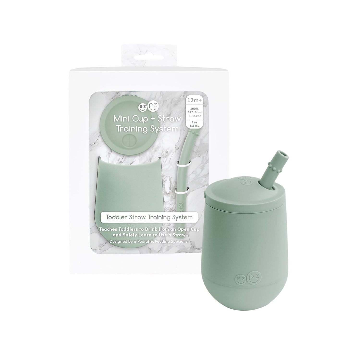 ezpz Mini Cup + Straw Training System (Sage) - 9 Months+ - 100% Silicone Training Cup for Infants + Toddlers - Designed by a Ped