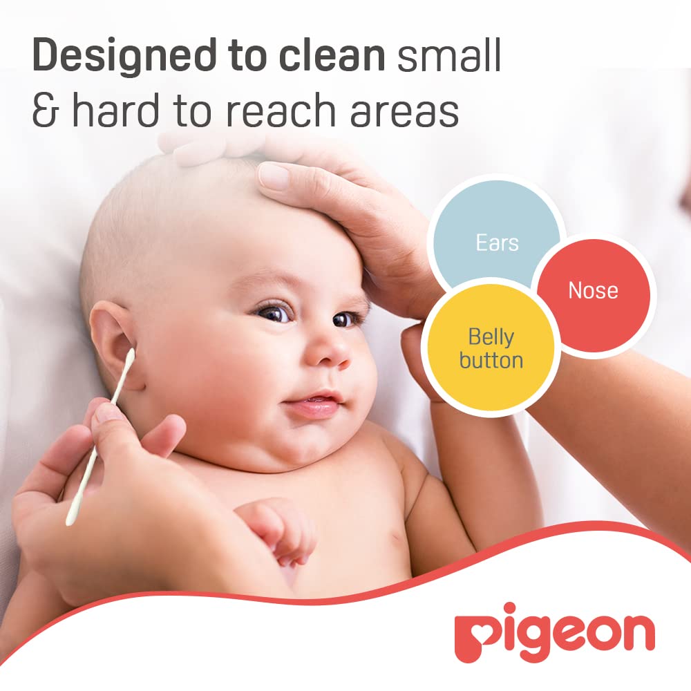 Pigeon Cotton Swabs, Flexible And Soft Paper Stem, 100% Soft Cotton Tips, Thin & Hinged, 200 Pieces, White