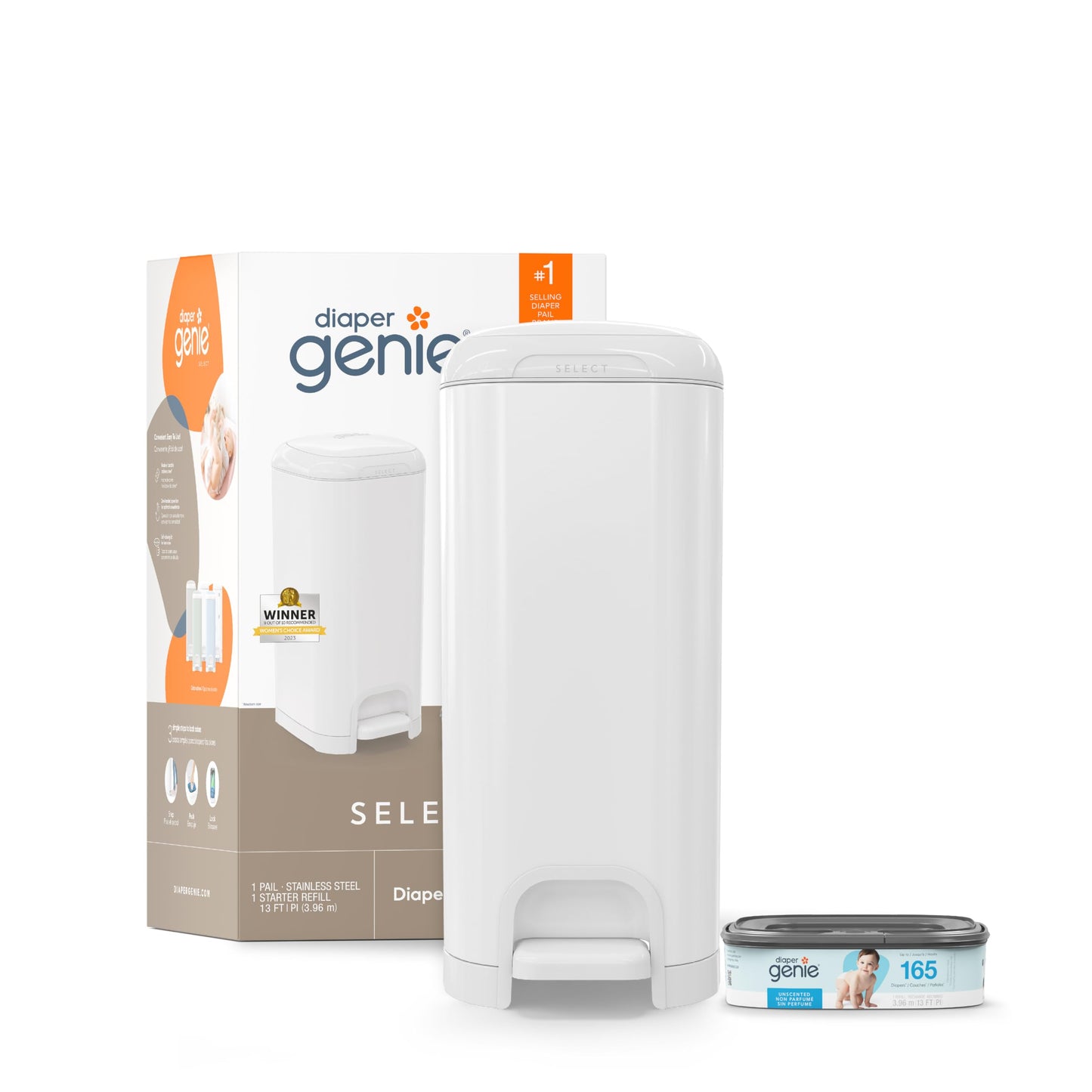 Diaper Genie Select Diaper Pail | OdorLock System With Push N Lock Clamp, Stainless Steel Body & SoftClose Lid | HandsFree Fo