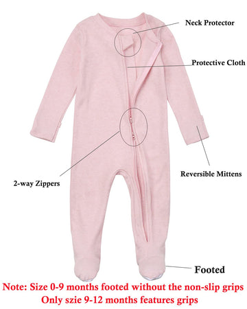 Aablexema Baby Footie Pajamas With Mittens - 3Pcs Infant Footed Sleeper Cotton Sleepwear Outfitsgrey Khaki/Dot/Pink, 3-6M