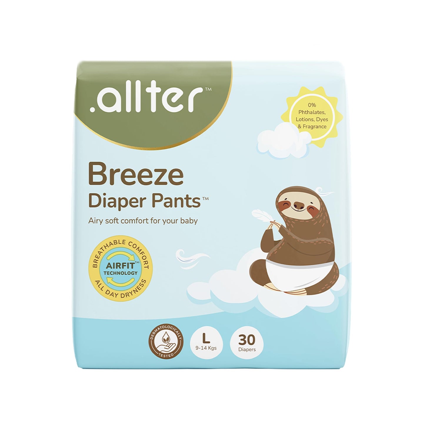 .Allter Breeze Baby Diaper Pants L Size (914 Kgs) | 30 Count, Pack Of 1 | Airfit Technology For Breathable Comfort | Dermat T