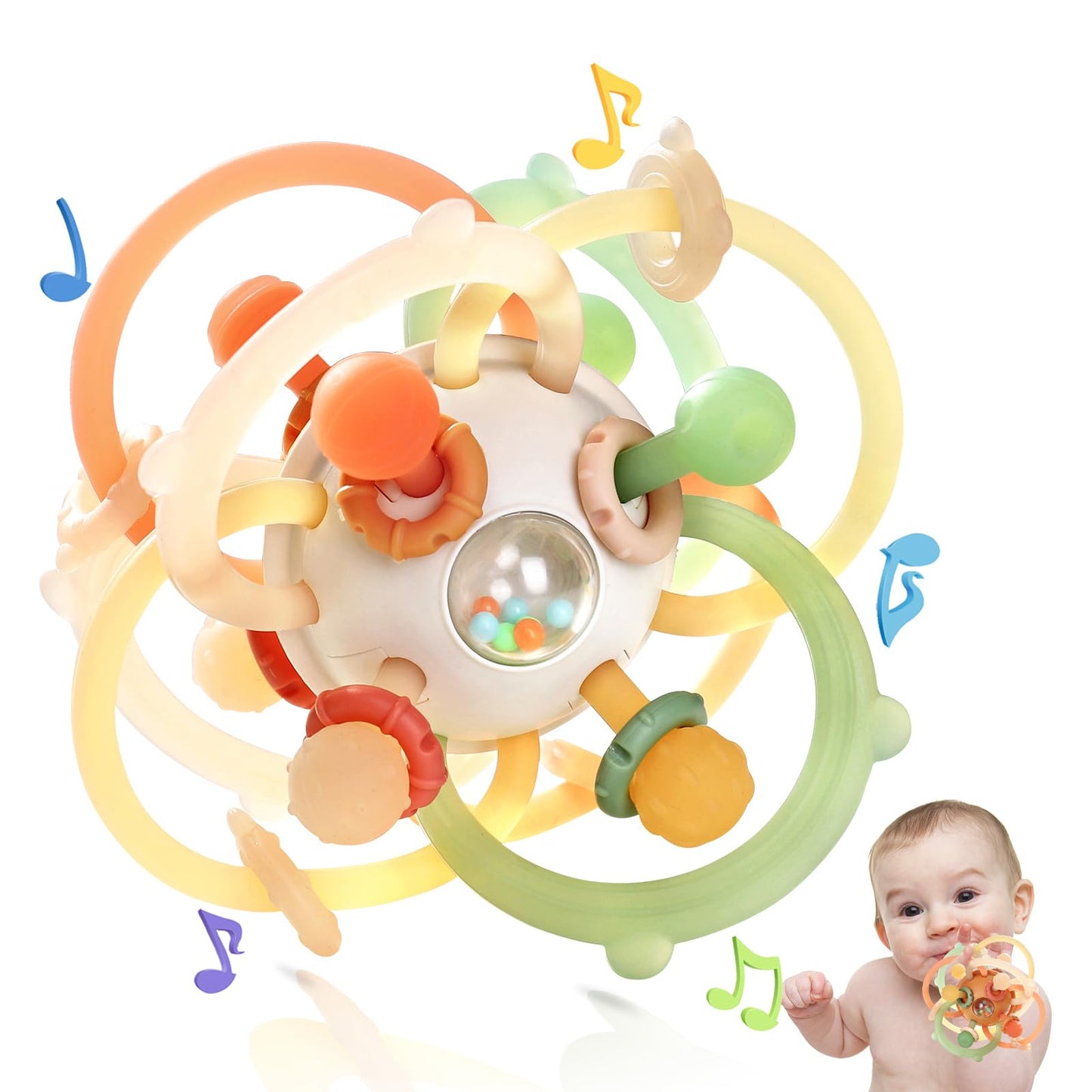 Orzbow Baby Sensory Teething Toys, Infant Montessori Teether Ball, Silicone Baby Rattle Ball Toy, Babies Chew Toys for 3-6-12-18