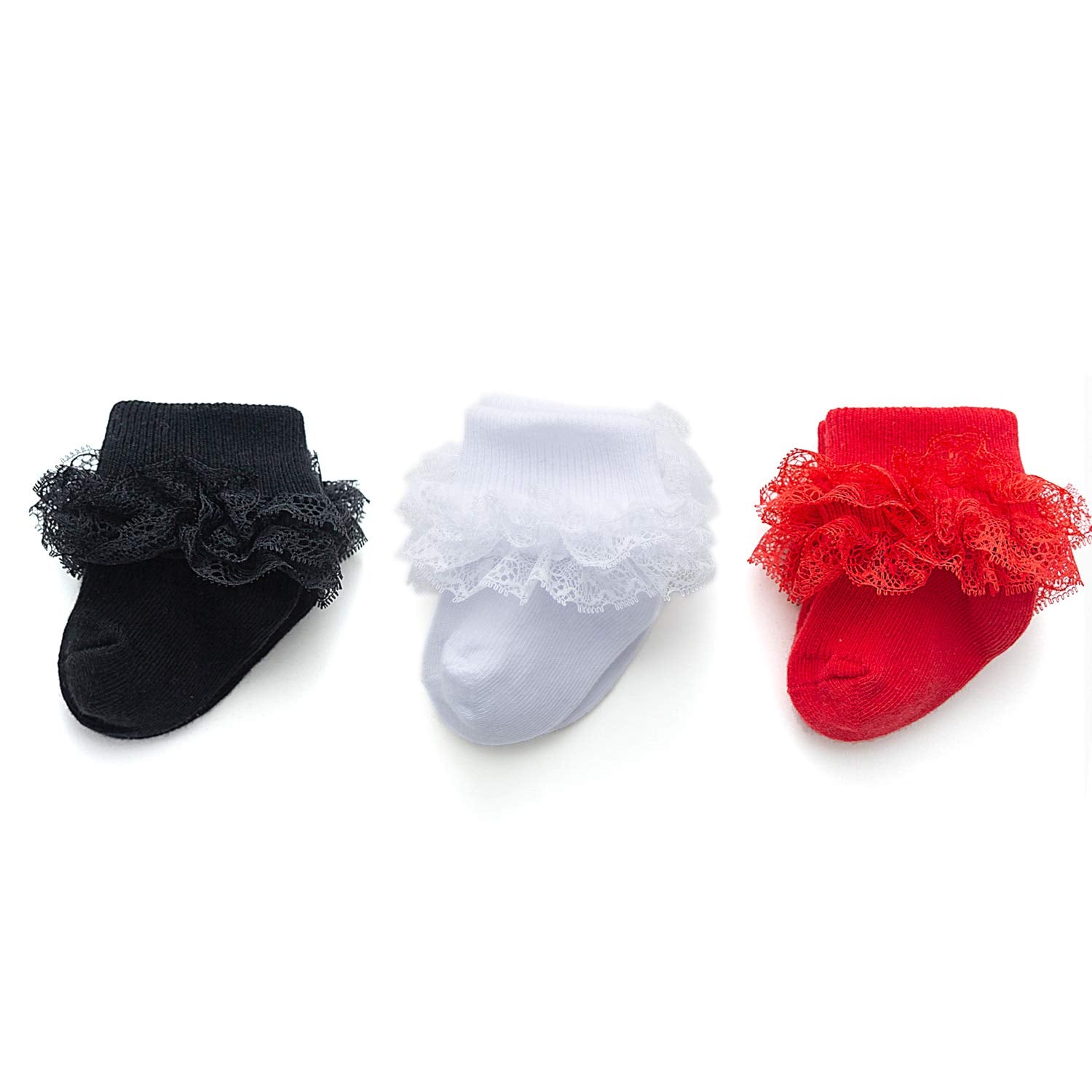 Epeius 3 Pairs Baby-Girls Eyelet Turn Cuff Ruffle Frilly Lace Socks Toddlers Girls Triple Lace Dressy Socks Gift Box Black/White