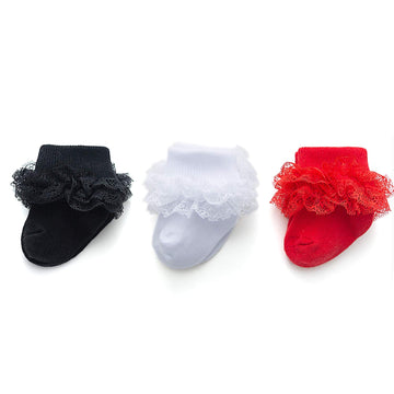 Epeius 3 Pairs Baby-Girls Eyelet Turn Cuff Ruffle Frilly Lace Socks Toddlers Girls Triple Lace Dressy Socks Gift Box Black/White