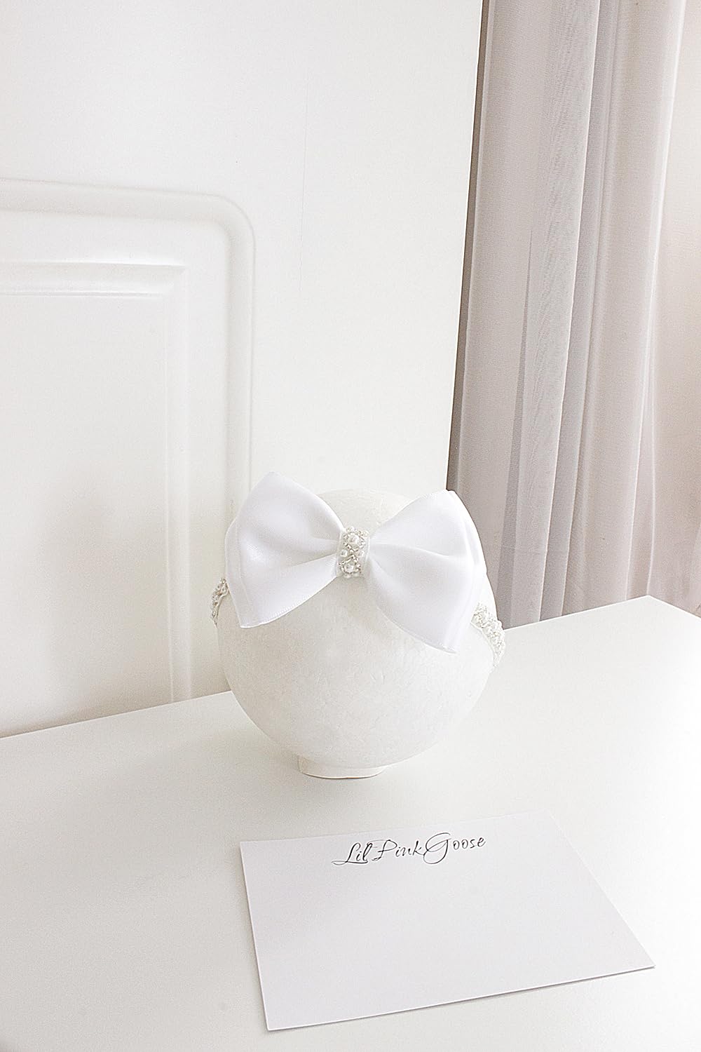Lilpinkgoose 0-12 Newborn Baby Baptism Pearl Headband With Bow In White Christening Headband With Satin Bow, Pearl Rhinestone Ba