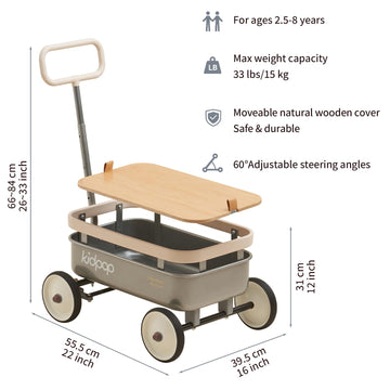 kidpop PULA-Wild 3-in-1 Kids Pull-Along Wagon Toddlers Push Walker for 2.5-8, Removable Wooden Cover and Adjustable Handlebar,