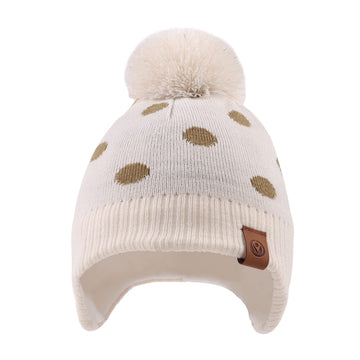 Jangannsa Knitted Baby Hat Scarf Set Winter Warm Boys Girls Beanie Fleece Lining Toddler Kids Hats With Pompom (Beige Dots(Hat+S