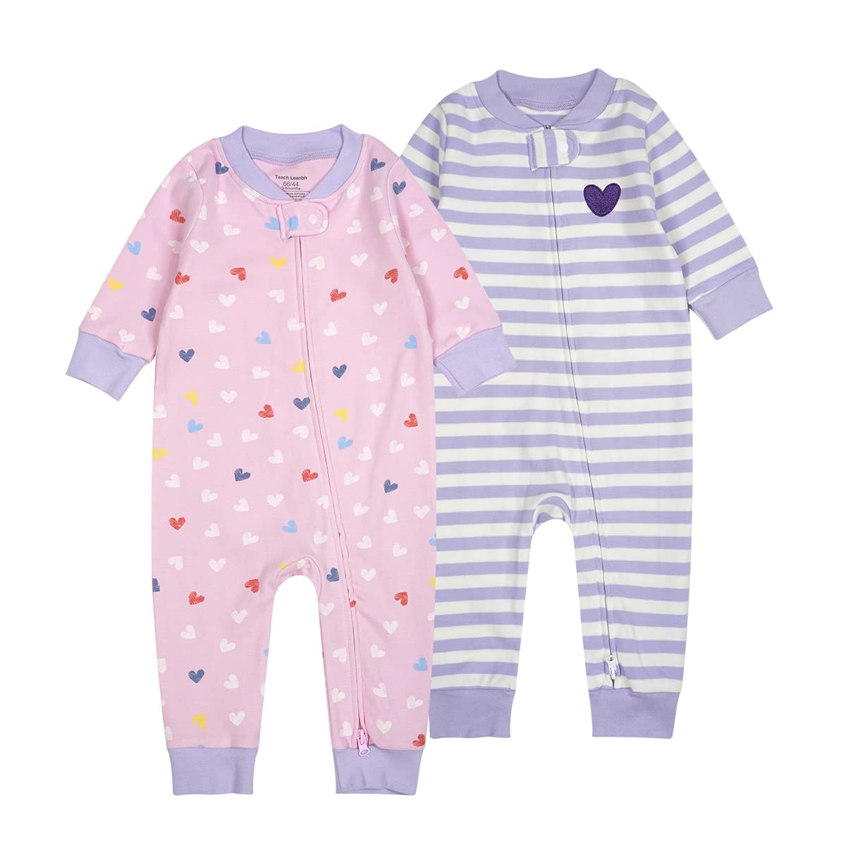 Teach Leanbh Baby 2-Pack 100% Cotton Romper Jumpsuits Two Way Zipper Long Sleeve Footless Sleep And Play (Puple Heart, 18-24 Mon