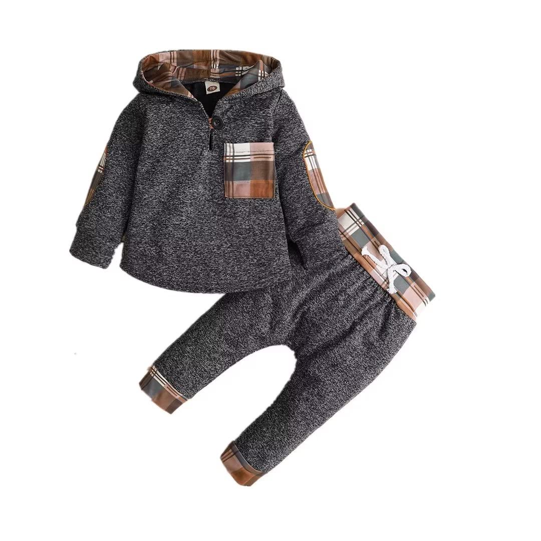 2T Boys Clothes Fall Winter Outfit Long Sleeve Plaid Pocket Hoodie Tops + Pants 2Pcs,Khaki Boy Outfits 2-3T/110Cm