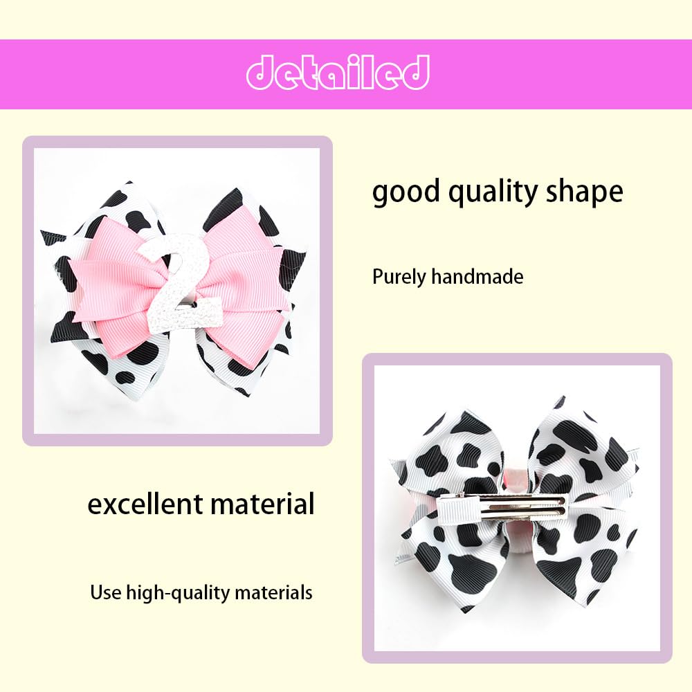Birthday Hair Clips For Baby Girls - 2Pc Cow Print Bow With White Number Hair Clips For 2Nd Birthday Baby Bow Party Decorations