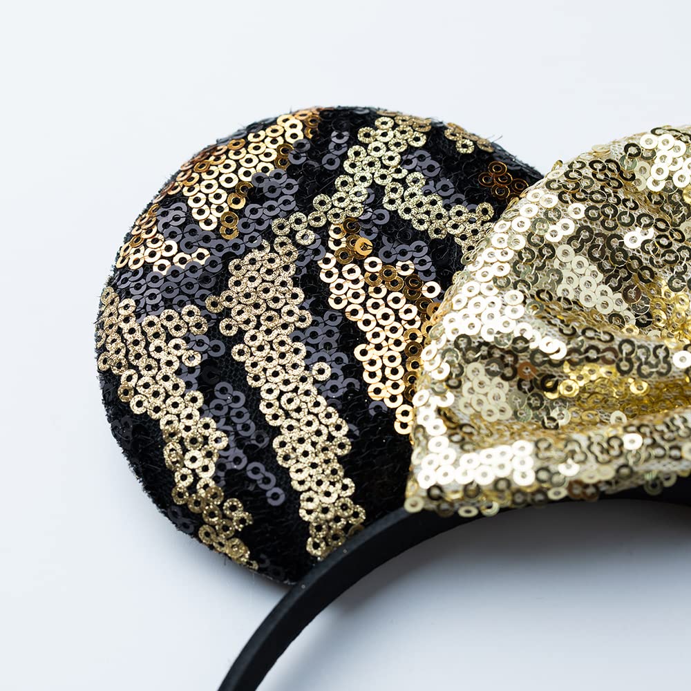 Foeran Mouse Ears Headbands Shiny Bows Mouse Ears Glitter Party Princess Decoration Cosplay Costume For Girls Women (Leopard/Gol