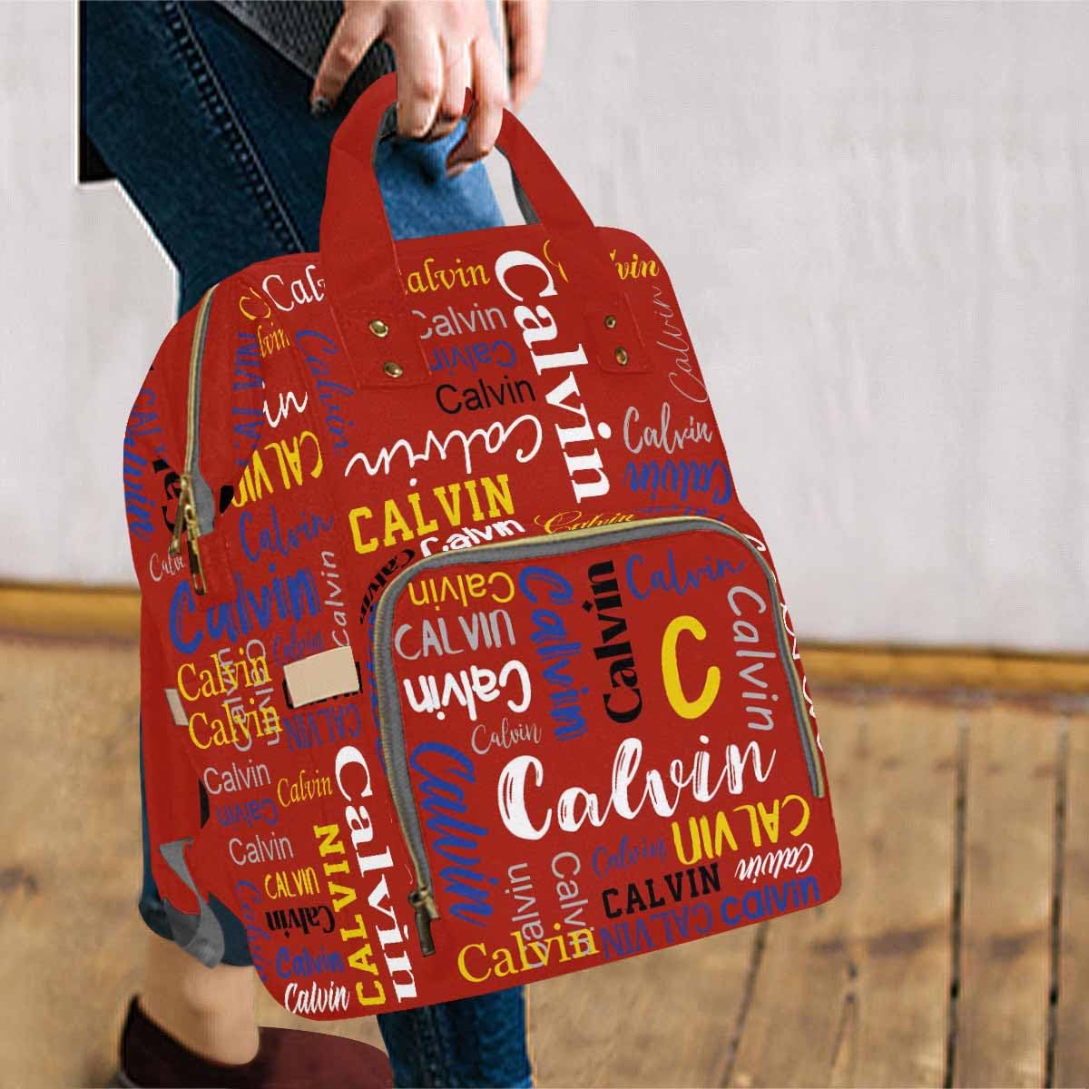 Personalized Diaper Backpack, Custom Dark Red Name Logo Diaper Bag Mummy Nursing Baby Bag Casual Travel Daypack Bag Fashion Mult