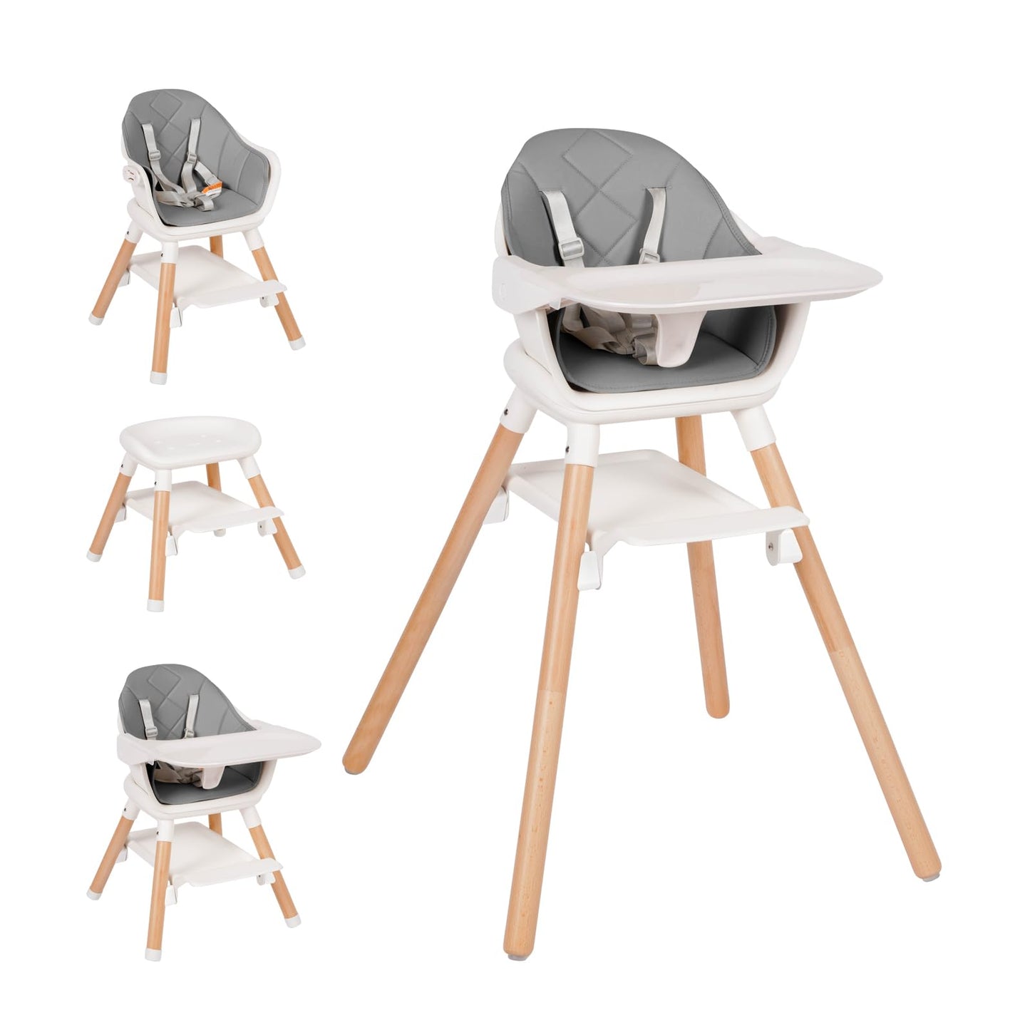 Komcot Baby High Chair, 6 in 1 Wooden Convertible High Chairs for Babies and Toddlers, Booster Seat with Double Tray & Reversibl