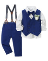 Yallet Toddler Baby Boy Clothes Suit Gentleman Wedding Outfits, Formal Dress Shirt+Bowtie+Vest+Boutonniere+Suspender Pants(V Blu
